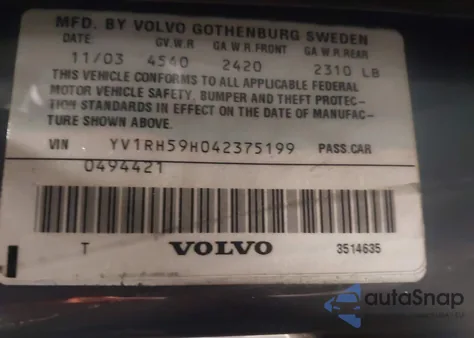 2004 Volvo S60 2.5T Awd из США, поврежденный, VIN YV1RH59H042375199